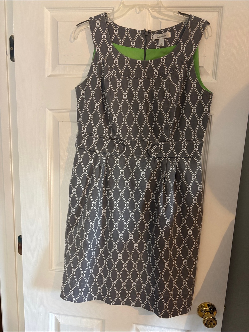 Dress Barn Gray and White Chain-Print Midi Dress with Green Lining